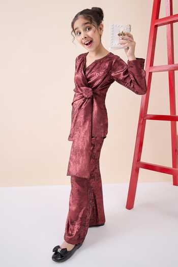 StyloBug_Maroon Polyester Knot Toe-up Top And Pant Set _Online_at_Aza_Fashions