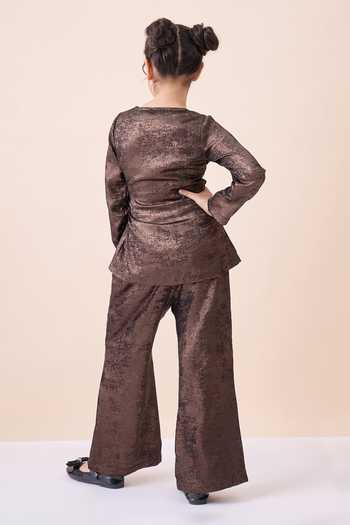 Shop_StyloBug_Brown Polyester Metallic Pattern Top And Pant Set _at_Aza_Fashions