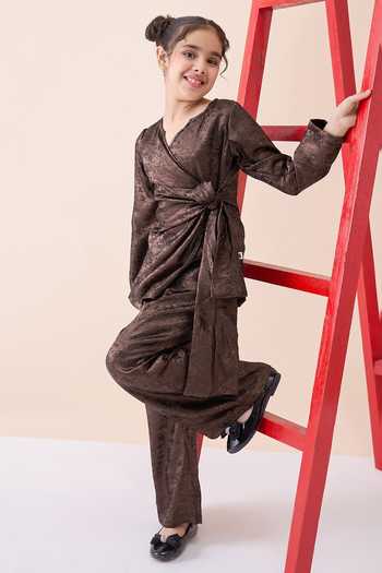 StyloBug_Brown Polyester Metallic Pattern Top And Pant Set _Online_at_Aza_Fashions