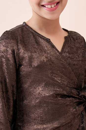 StyloBug_Brown Polyester Metallic Pattern Top And Pant Set _at_Aza_Fashions