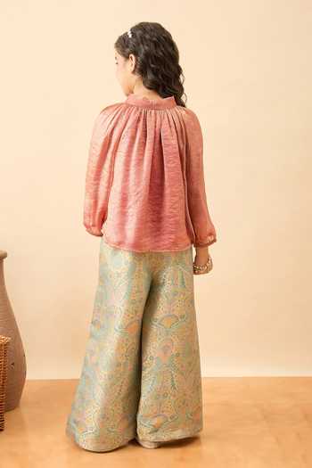 Shop_StyloBug_Peach Polyester Bow Neck Top And Brocade Pant Set _at_Aza_Fashions