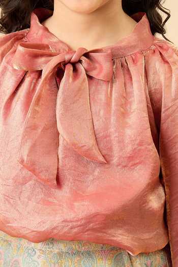 StyloBug_Peach Polyester Bow Neck Top And Brocade Pant Set _Online_at_Aza_Fashions