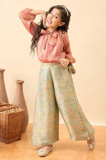 Buy_StyloBug_Peach Polyester Bow Neck Top And Brocade Pant Set _Online_at_Aza_Fashions