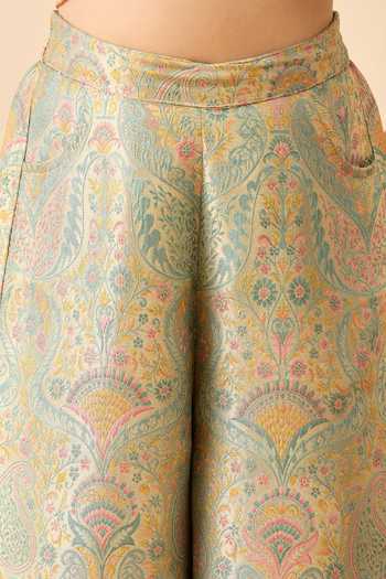 Shop_StyloBug_Peach Polyester Bow Neck Top And Brocade Pant Set _Online_at_Aza_Fashions