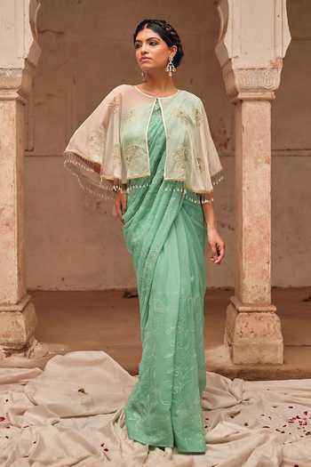 Buy_Geroo Jaipur_Green Chiffon, Silk Embroidery, Sequins Bandeau Neck Sea Hand Saree Set 
