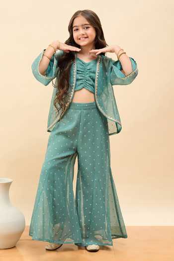 StyloBug_Green Polyester Motif Pattern Jacket And Pant Set _at_Aza_Fashions