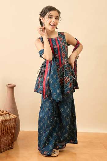 StyloBug_Blue Cotton Floral Print Kurta Set _Online_at_Aza_Fashions