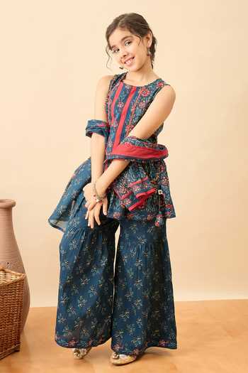 Buy_StyloBug_Blue Cotton Floral Print Kurta Set _Online_at_Aza_Fashions