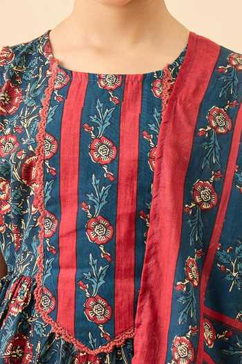 StyloBug_Blue Cotton Floral Print Kurta Set _at_Aza_Fashions
