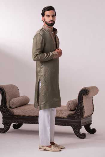 Char Chaand_Green Satin, Tissue Zari Embroidered Kurta _Online_at_Aza_Fashions