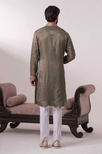 Shop_Char Chaand_Green Satin, Tissue Zari Embroidered Kurta _at_Aza_Fashions