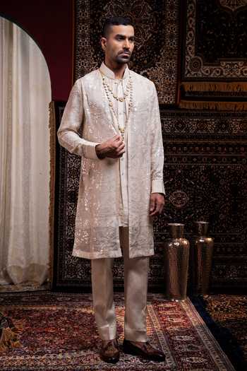 Shop_Char Chaand_Ivory Silk, Linen Kurta _Online_at_Aza_Fashions