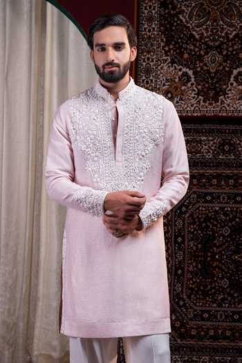 Buy_Char Chaand_Pink Linen Riwaayat Embroidered Kurta _Online_at_Aza_Fashions