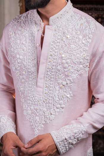 Shop_Char Chaand_Pink Linen Riwaayat Embroidered Kurta _Online_at_Aza_Fashions
