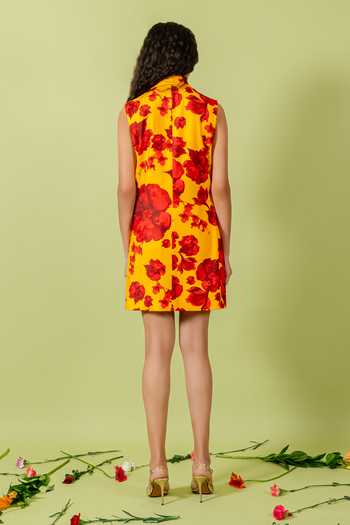 Shop_Swatee Singh_Yellow Crepe Notched Neck Floral Print Dress _at_Aza_Fashions