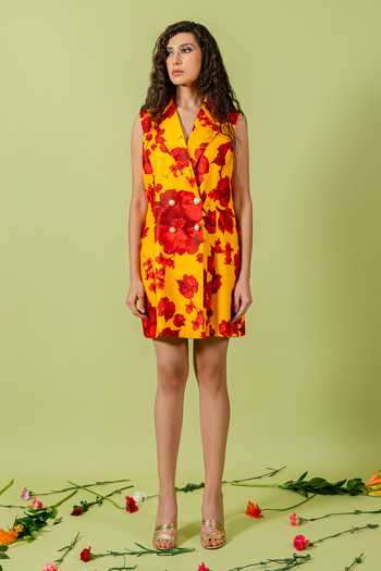 Buy_Swatee Singh_Yellow Crepe Notched Neck Floral Print Dress _Online_at_Aza_Fashions