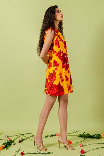 Shop_Swatee Singh_Yellow Crepe Notched Neck Floral Print Dress _Online_at_Aza_Fashions
