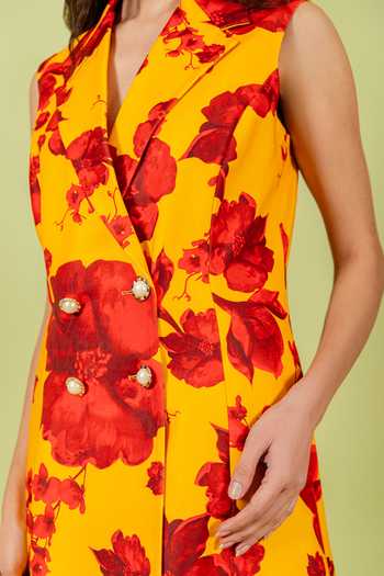 Swatee Singh_Yellow Crepe Notched Neck Floral Print Dress _at_Aza_Fashions