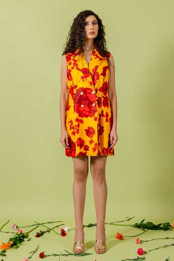 Shop_Swatee Singh_Yellow Crepe Notched Neck Floral Print Dress 