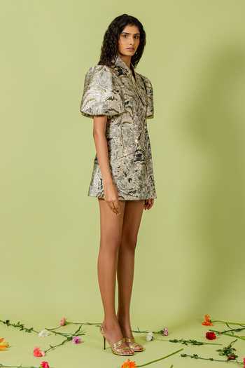 Swatee Singh_Gold Jacquard Shawl Neck Collared Blazer Dress _Online_at_Aza_Fashions