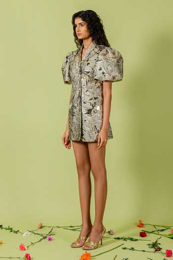 Buy_Swatee Singh_Gold Jacquard Shawl Neck Collared Blazer Dress _Online_at_Aza_Fashions