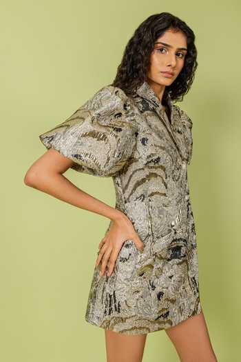 Shop_Swatee Singh_Gold Jacquard Shawl Neck Collared Blazer Dress _Online_at_Aza_Fashions