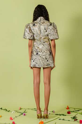 Shop_Swatee Singh_Gold Jacquard Shawl Neck Collared Blazer Dress _at_Aza_Fashions