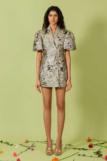 Swatee Singh_Gold Jacquard Shawl Neck Collared Blazer Dress _at_Aza_Fashions