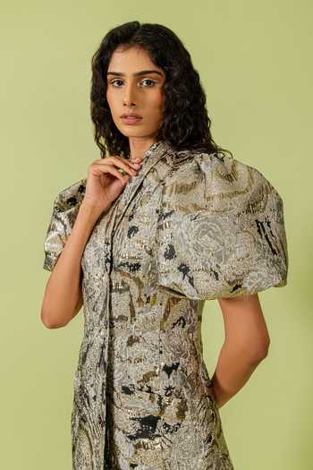 Buy_Swatee Singh_Gold Jacquard Shawl Neck Collared Blazer Dress 