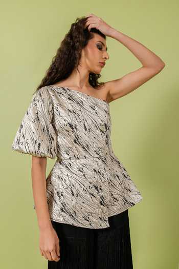 Swatee Singh_Silver Jacquard One Shoulder Peplum Top _Online_at_Aza_Fashions