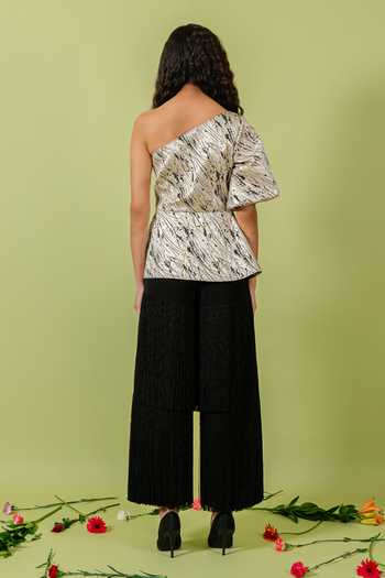Shop_Swatee Singh_Silver Jacquard One Shoulder Peplum Top _at_Aza_Fashions