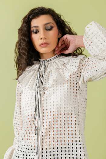 Swatee Singh_White Cotton Mandarin Collar Ruffled Yoke Shirt _Online_at_Aza_Fashions