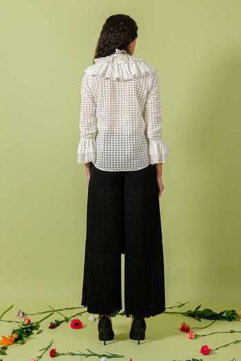 Shop_Swatee Singh_White Cotton Mandarin Collar Ruffled Yoke Shirt _at_Aza_Fashions