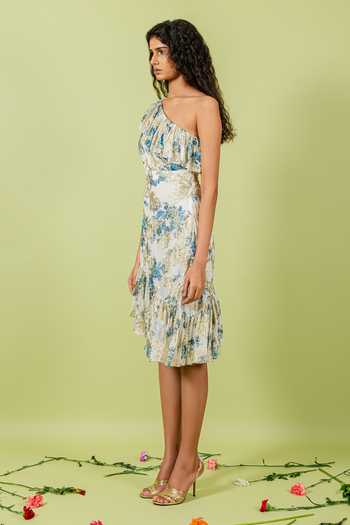 Swatee Singh_White Georgette Asymmetric Neck, One Shoulder Hem Floral Print Dress _Online_at_Aza_Fashions