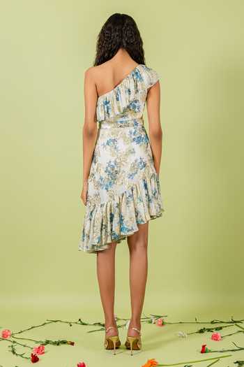 Shop_Swatee Singh_White Georgette Asymmetric Neck, One Shoulder Hem Floral Print Dress _at_Aza_Fashions