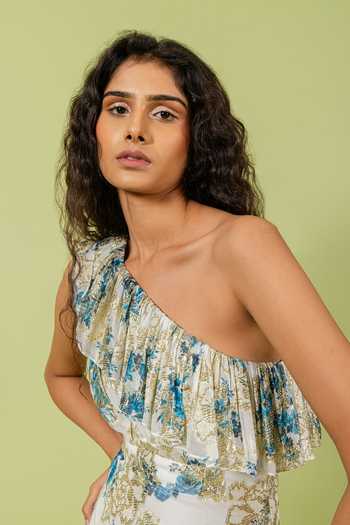 Buy_Swatee Singh_White Georgette Asymmetric Neck, One Shoulder Hem Floral Print Dress _Online_at_Aza_Fashions