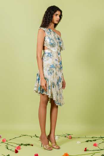 Shop_Swatee Singh_White Georgette Asymmetric Neck, One Shoulder Hem Floral Print Dress _Online_at_Aza_Fashions