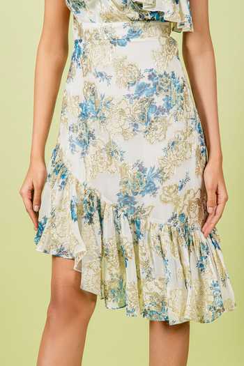 Shop_Swatee Singh_White Georgette Asymmetric Neck, One Shoulder Hem Floral Print Dress 