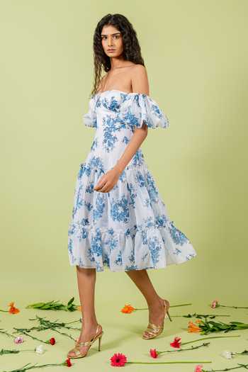 Shop_Swatee Singh_Blue Organza Sweetheart Neck, Off-shoulder Off Floral Print Dress _Online_at_Aza_Fashions