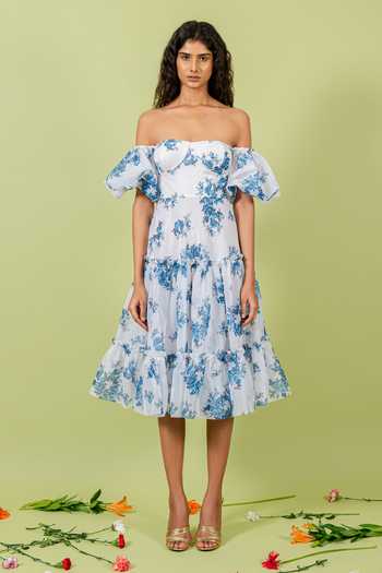 Swatee Singh_Blue Organza Sweetheart Neck, Off-shoulder Off Floral Print Dress _at_Aza_Fashions