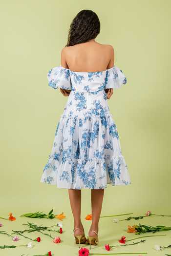 Shop_Swatee Singh_Blue Organza Sweetheart Neck, Off-shoulder Off Floral Print Dress _at_Aza_Fashions