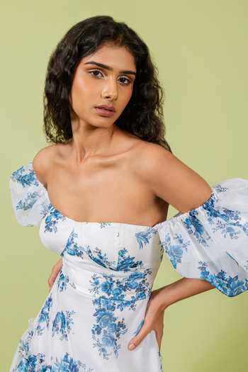 Buy_Swatee Singh_Blue Organza Sweetheart Neck, Off-shoulder Off Floral Print Dress 