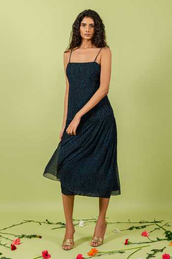 Swatee Singh_Blue Georgette Square Neck Leopard Print Dress _Online_at_Aza_Fashions