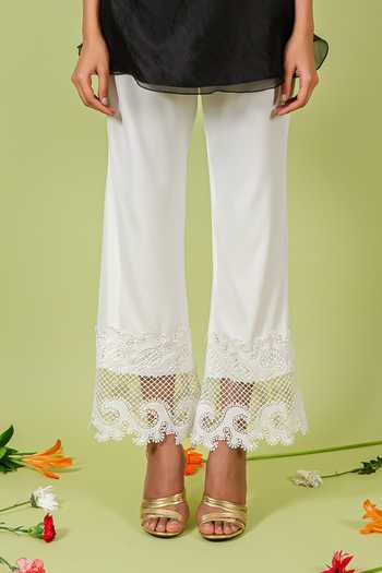 Shop_Swatee Singh_Ivory Crepe, Lace Hem Pant _Online_at_Aza_Fashions