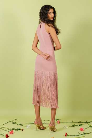 Shop_Swatee Singh_Pink Crepe Halter Neck Fringed Hem Dress _at_Aza_Fashions