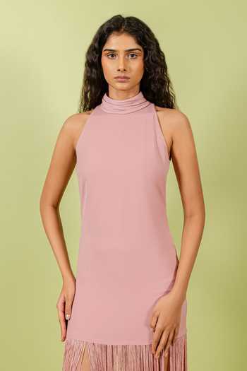 Buy_Swatee Singh_Pink Crepe Halter Neck Fringed Hem Dress _Online_at_Aza_Fashions