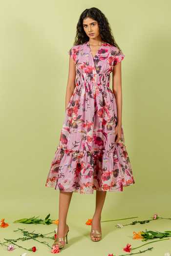 Buy_Swatee Singh_Pink Organza, Crepe V-neck Floral Garden Print Dress _at_Aza_Fashions