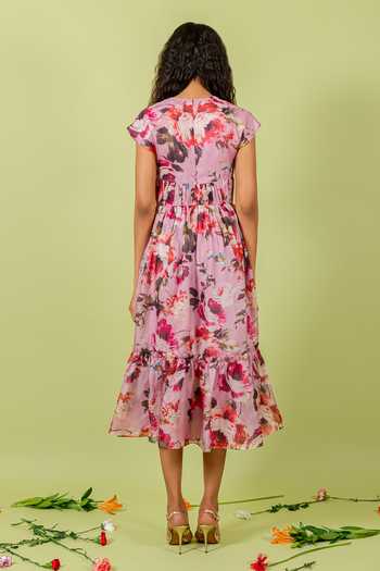 Shop_Swatee Singh_Pink Organza, Crepe V-neck Floral Garden Print Dress _at_Aza_Fashions