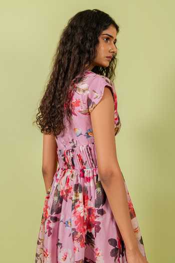 Swatee Singh_Pink Organza, Crepe V-neck Floral Garden Print Dress _Online_at_Aza_Fashions