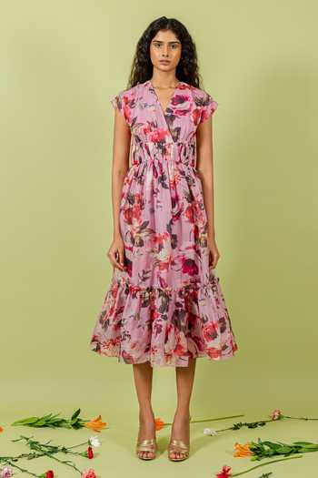 Buy_Swatee Singh_Pink Organza, Crepe V-neck Floral Garden Print Dress _Online_at_Aza_Fashions